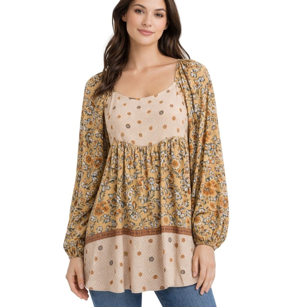 Heyson Boho‎ Floral Babydoll Tunic Top Long Balloon Sleeve Rayon Size L